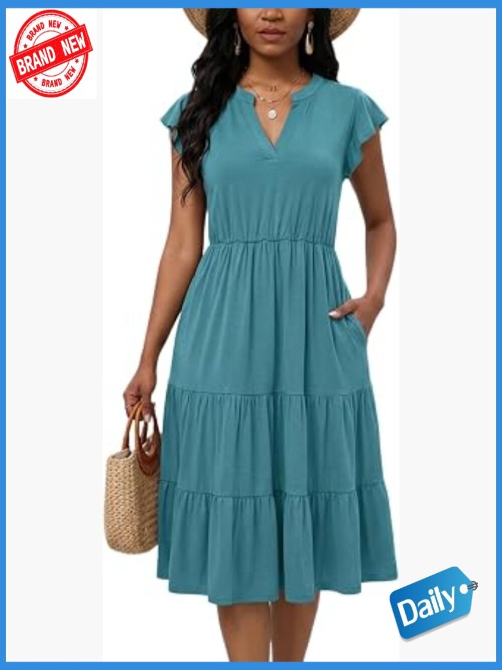 V Neck Ruffle Sleeve Midi Dress Flowy Tiered Casual Sundress